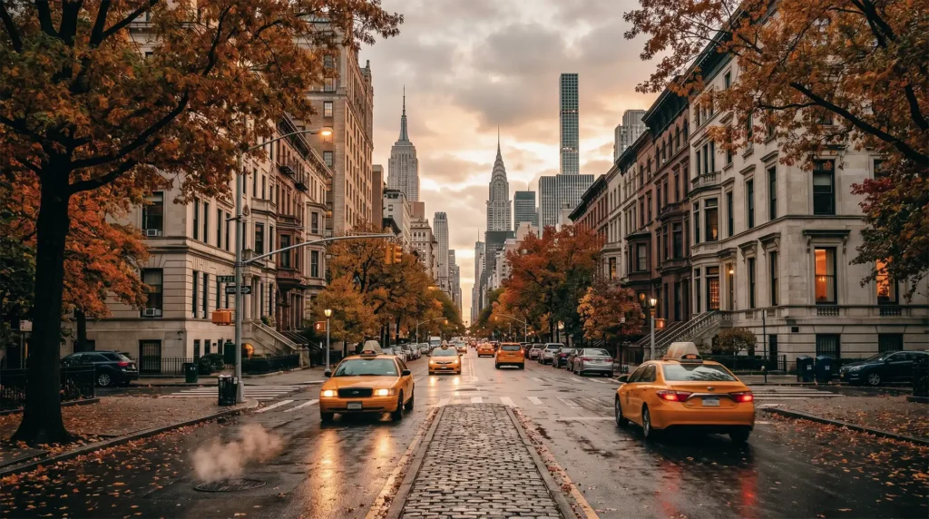 Cinematic autumn street scene in Manhattan, New York during October with golden trees, warm evening light, wet streets, and classic city atmosphere.