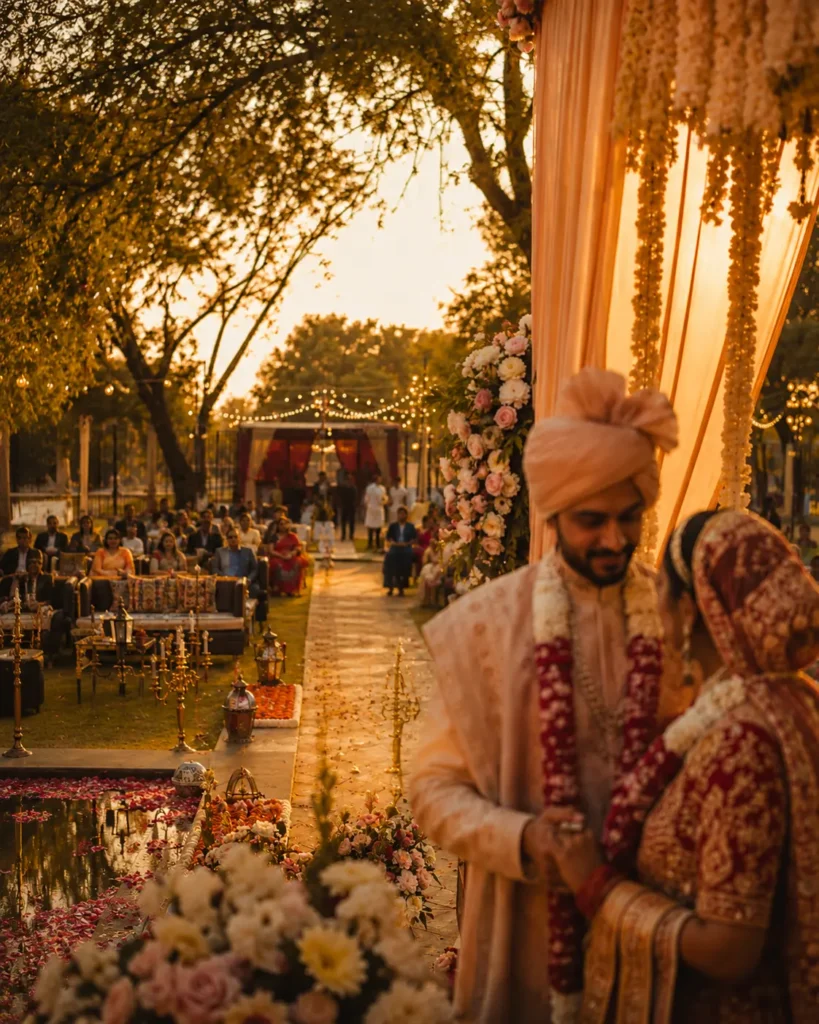 Outdoor wedding photography during golden hour at a farmhouse wedding venue in Faridabad