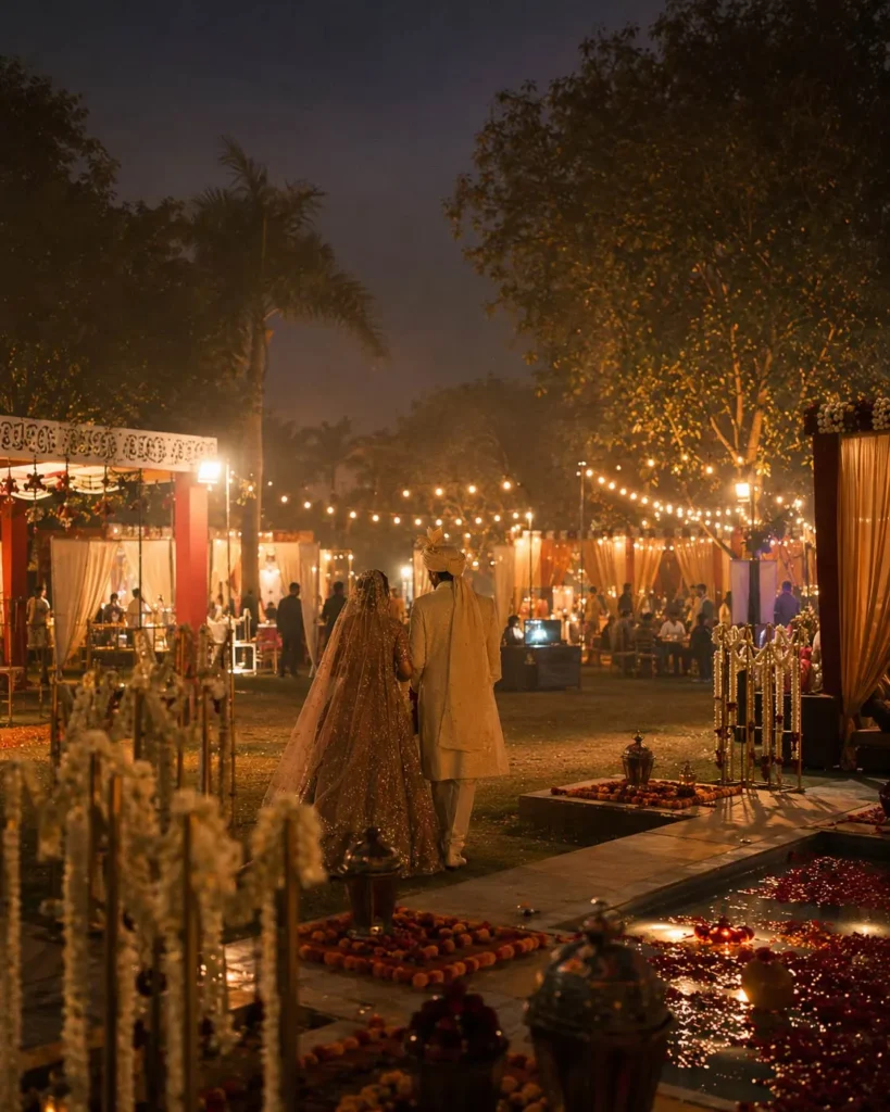 Wedding staff preparing lighting and decor at an outdoor farmhouse wedding venue in Faridabad