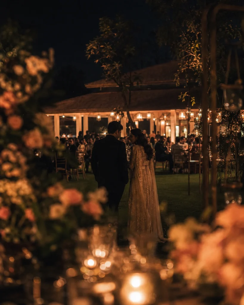 Bride and groom sharing a quiet moment during a softly lit nighttime wedding reception