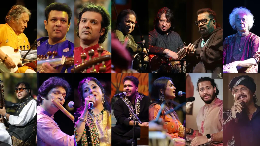 Official artist lineup for Ragas by the River 2026 featuring renowned Indian classical musicians and performers scheduled to appear at the festival.