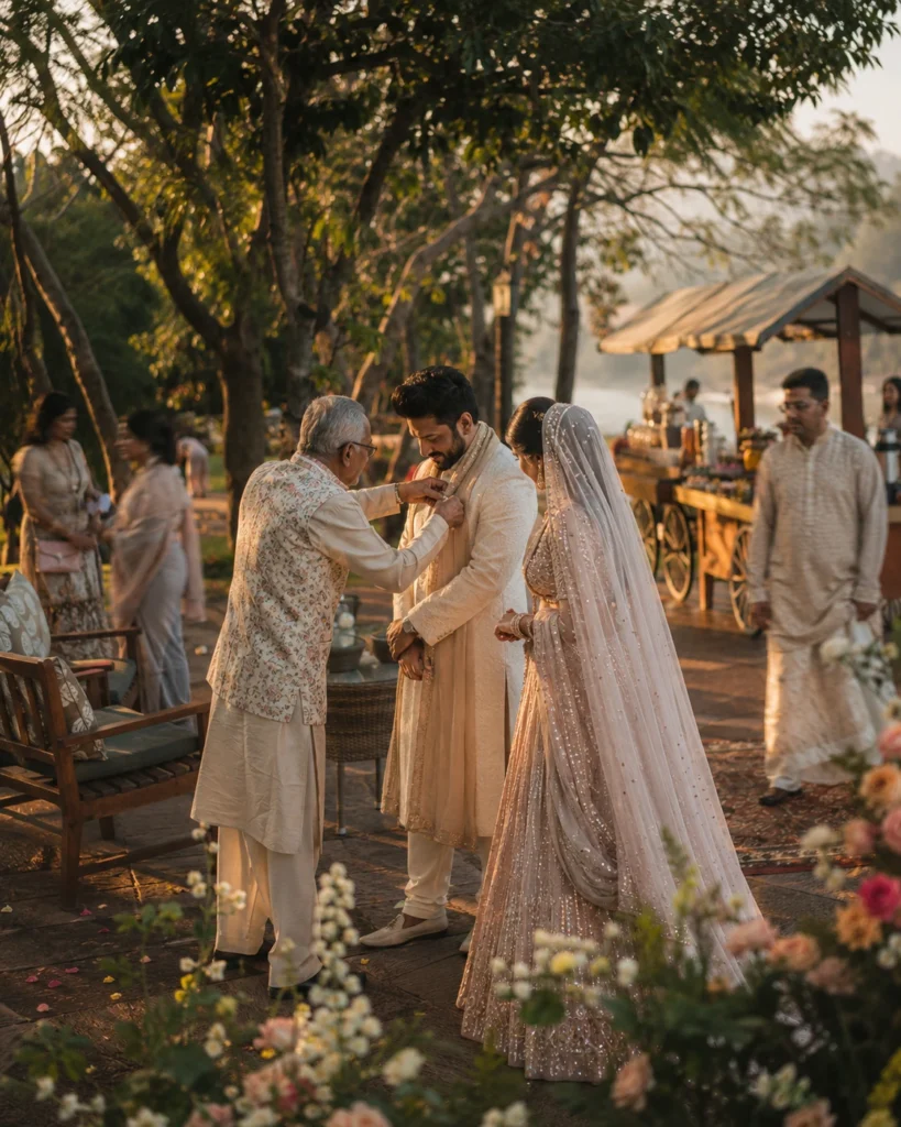 Family members helping during wedding preparations in a candid cinematic Indian wedding moment