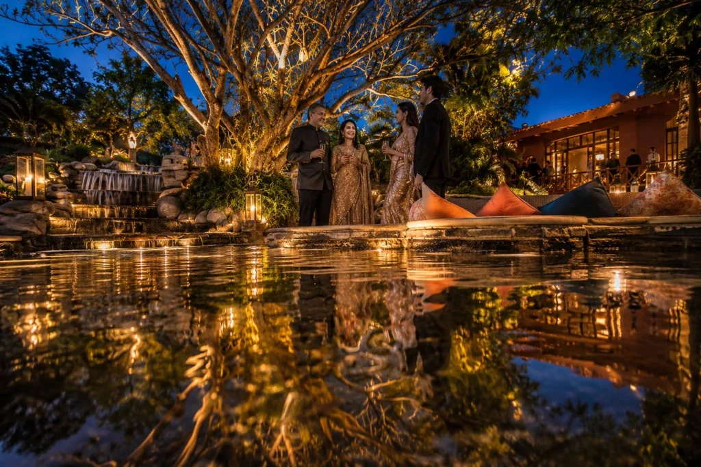 Family members gathered beside the illuminated cobblestone water feature during the evening reception at Taj Corbett