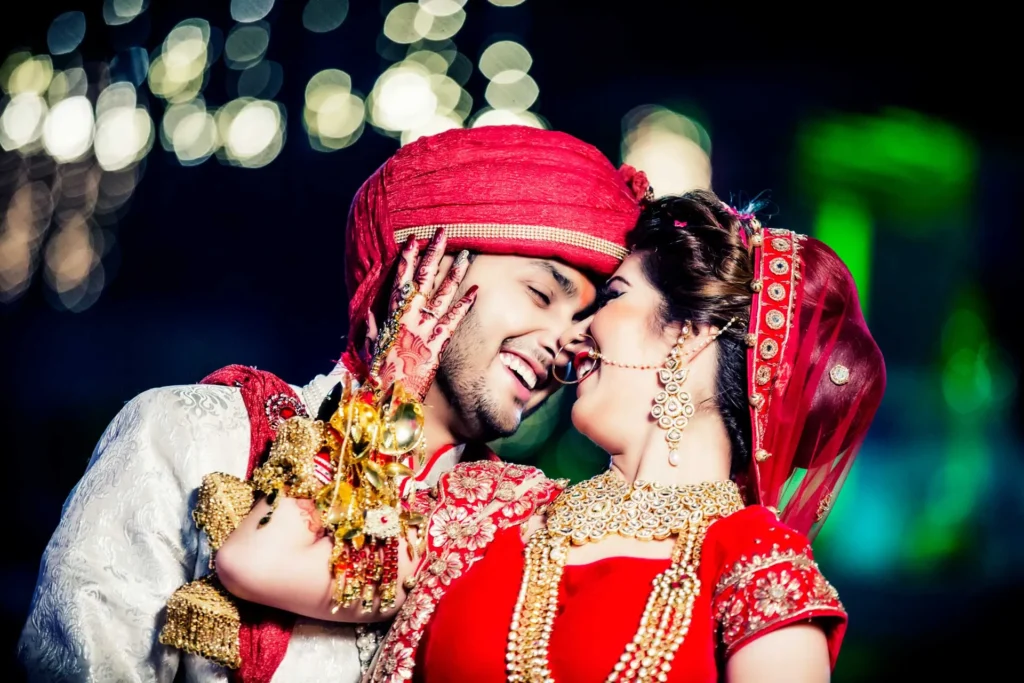 Romantic couple portrait during wedding celebration