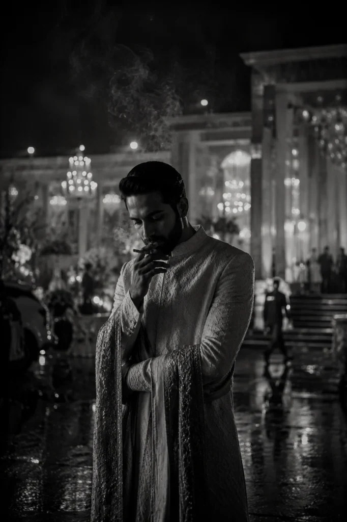Groom portrait outside wedding venue after Muslim wedding ceremony in Aligarh