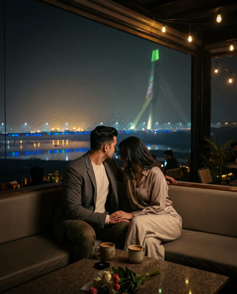 Couple sitting inside a rooftop cafe overlooking Signature Bridge during a cinematic night pre wedding shoot