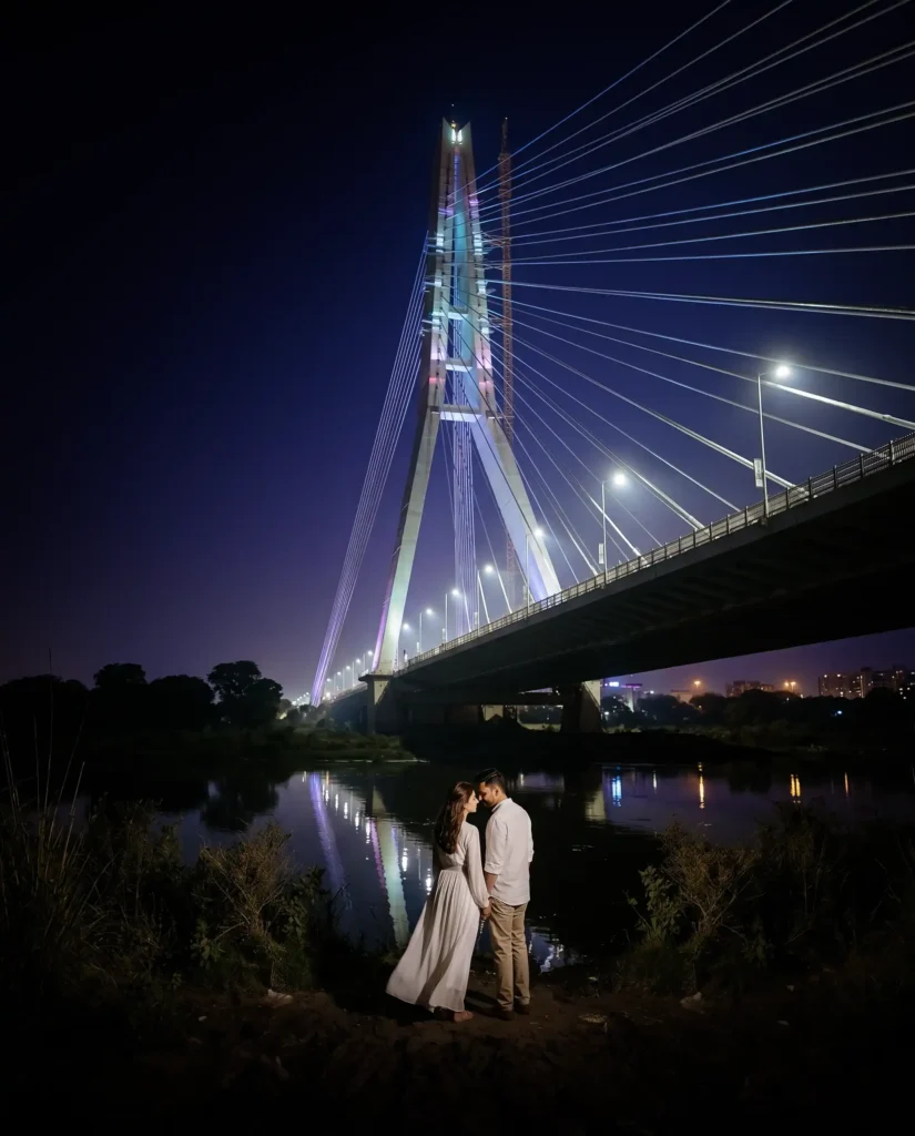 Couple standing near the riverside during a cinematic night pre wedding shoot at Signature Bridge Delhi