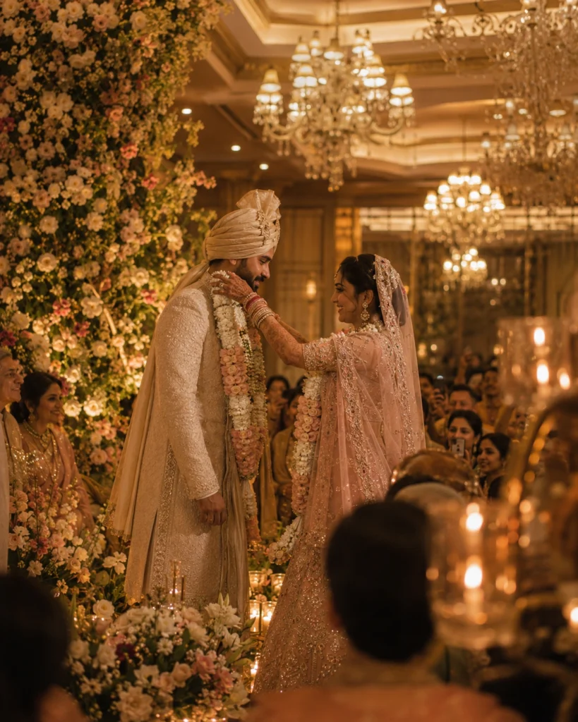 Bride and groom exchanging garlands during the jaimala ceremony at Abha Grand Aligarh