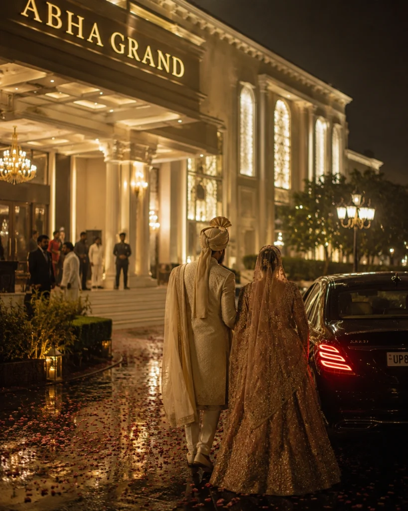 Bride and groom leaving Abha Grand Aligarh after the wedding celebrations