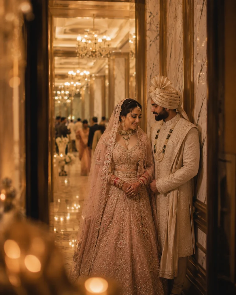 Bride and groom sharing a quiet moment inside the marble corridors of Abha Grand Aligarh