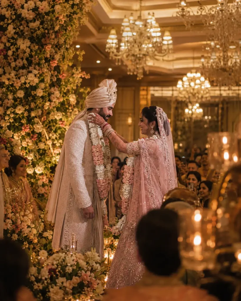 Bride and groom during jaimala ceremony at Abha Grand Aligarh