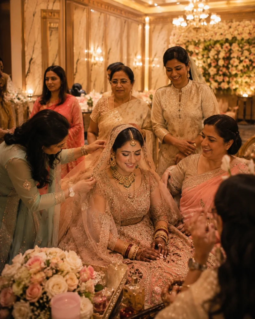 Bride surrounded by family members during wedding preparations at Abha Grand Aligarh
