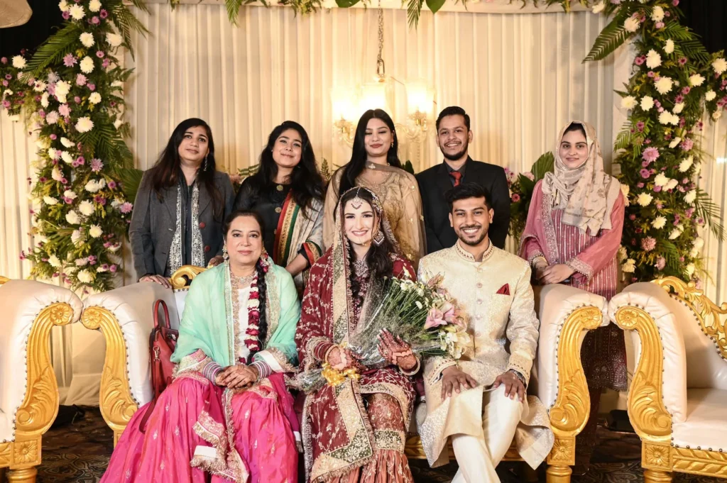 Family portrait from Asim and Anna's intimate Muslim wedding celebration