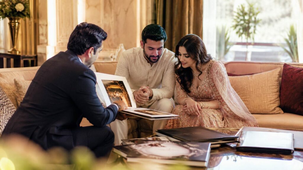 a couple discussing price of wedding photography