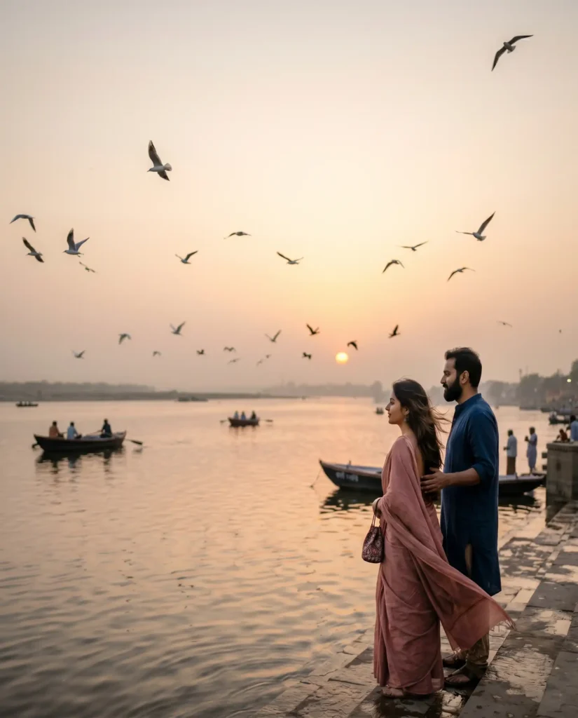 Atmospheric pre wedding portrait at Yamuna Ghat with soft river reflections and evening light