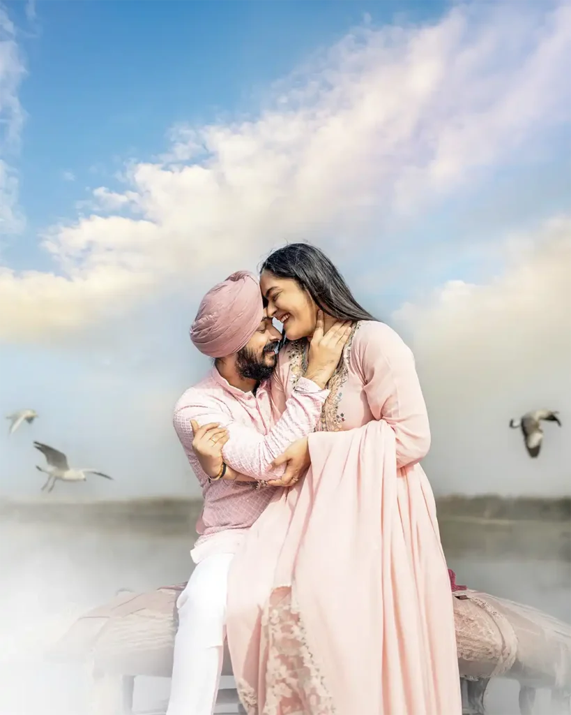 Couple during a cinematic pre wedding shoot at Yamuna Ghat with soft evening atmosphere and river backdrop