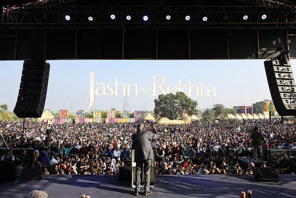 Large audience attending Jashn-e-Rekhta, one of the world's largest celebrations of Urdu literature, poetry, music, and culture, photographed by Asad Ansari.