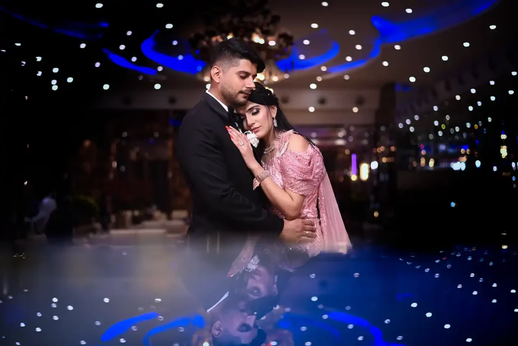 Bride and groom portrait photographed at Klyde Banqueting Suite wedding venue in Faridabad