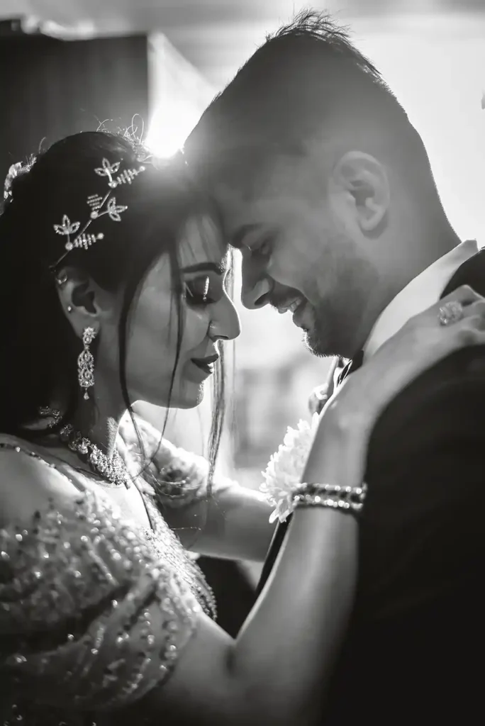 Bride and groom black and white portrait photographed at Klyde Banqueting Suite wedding venue in Faridabad