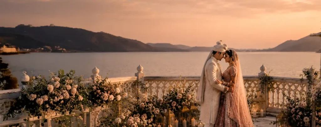 Bride and groom during a destination wedding ceremony beside a lakeside terrace at sunset in India.