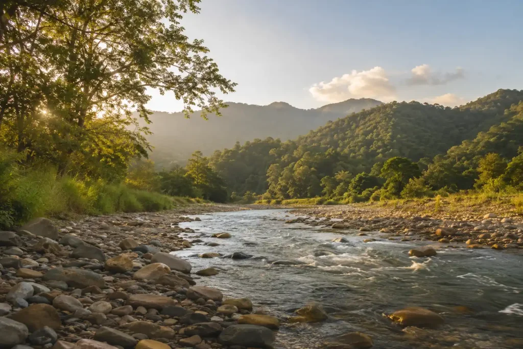 The Kosi River flowing through Jim Corbett National Park, a scenic destination for luxury weddings in Uttarakhand.