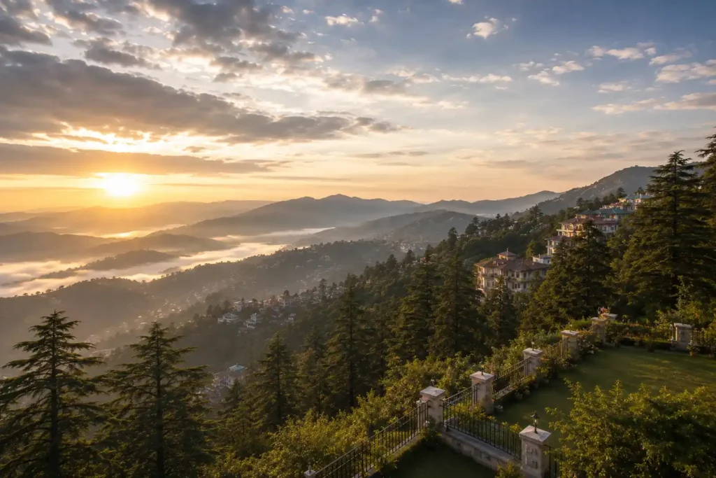 Panoramic view of Mussoorie's mist-covered hills, deodar forests and the Doon Valley at sunrise in Uttarakhand.