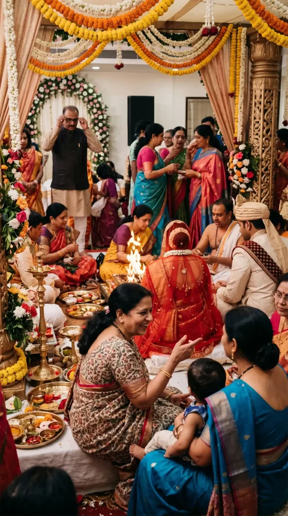 Multiple family interactions unfolding naturally during an Indian wedding