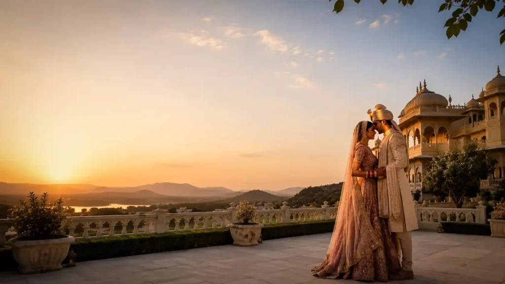 Bride and groom portrait at sunset by a luxury palace venue captured by a wedding photographer in Faridabad and Delhi NCR