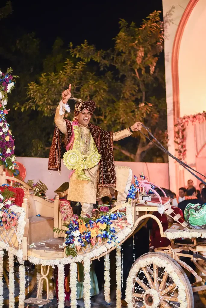 Groom arriving at Klyde Banqueting Suite during a wedding celebration in Faridabad