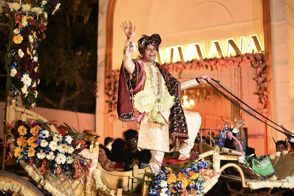 Groom during his wedding baraat entry at Klyde Banqueting Suite Faridabad