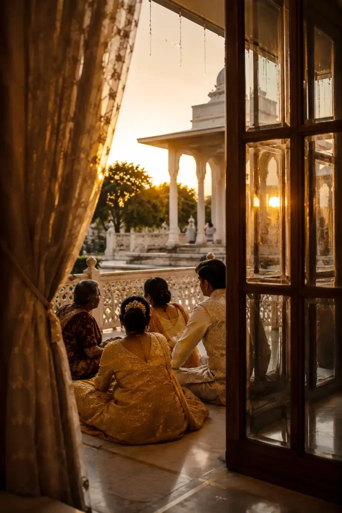 Family members gathered together during a quiet wedding moment in natural light