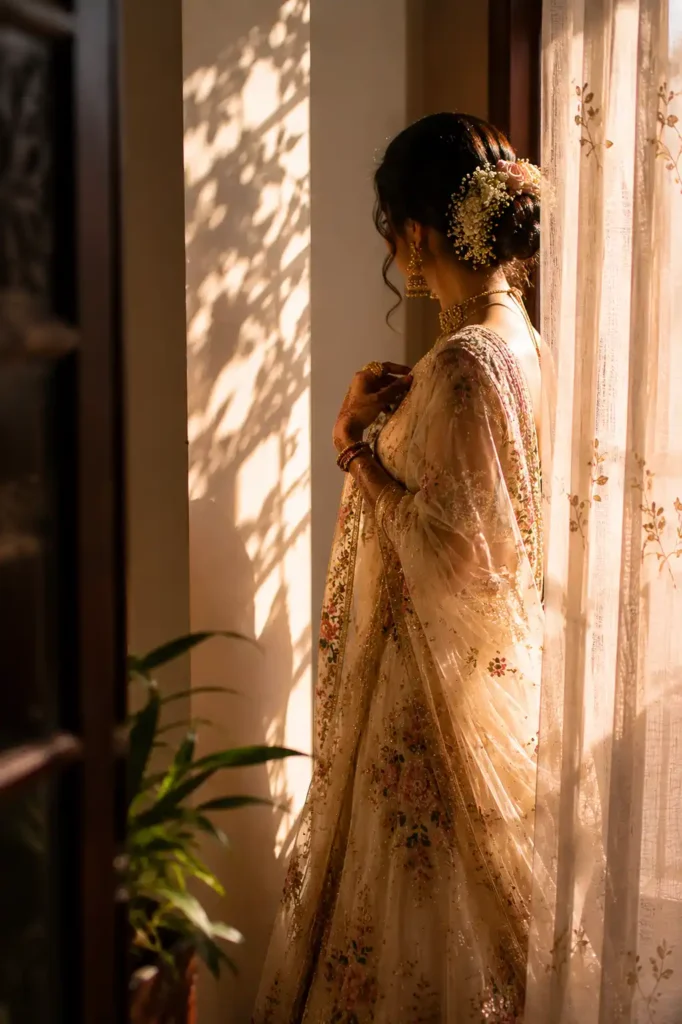 Natural light falling across bridal attire during a quiet wedding moment
