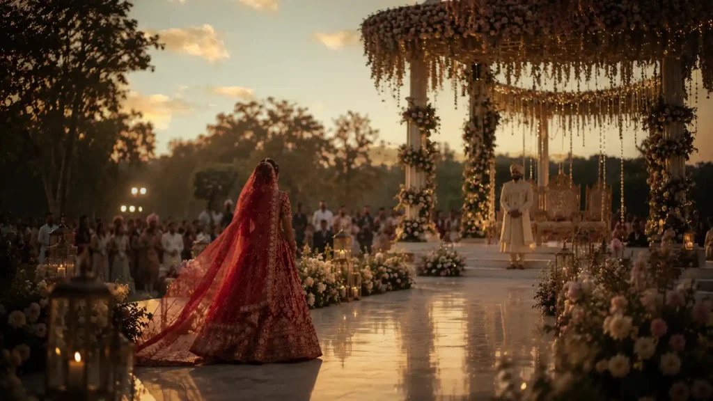 Bride walking towards a beautifully decorated wedding mandap during golden hour as guests watch in the background, captured in a luxury editorial cinematic style.