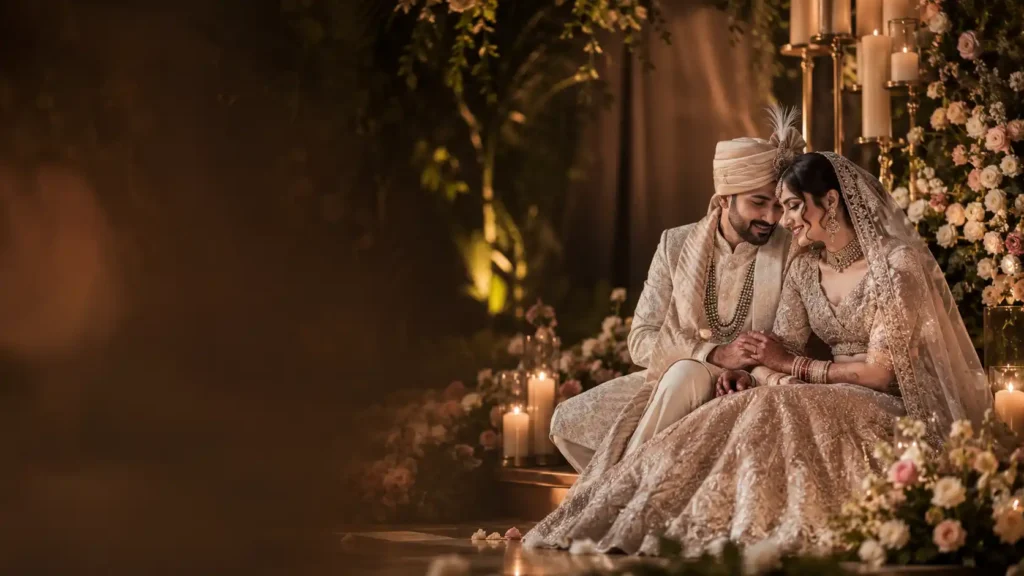 Luxury Indian wedding couple during an intimate candlelit ceremony photographed by a wedding photographer in Faridabad.