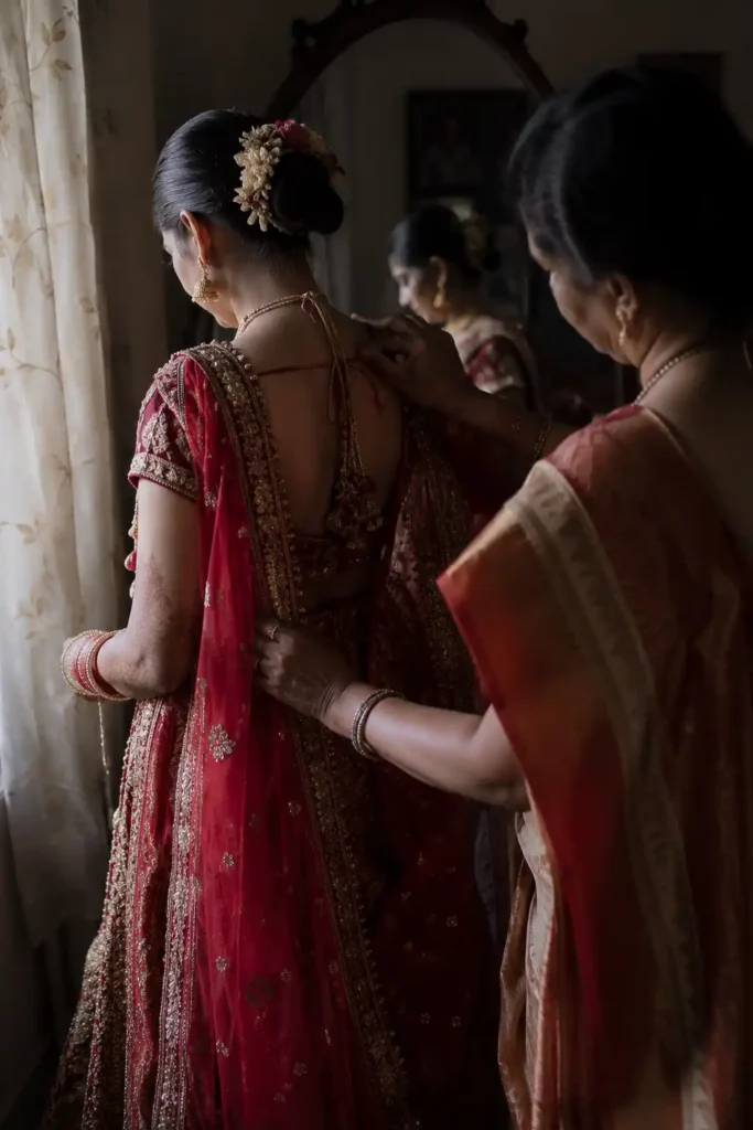 Mother helping her daughter prepare for her wedding in a candid moment