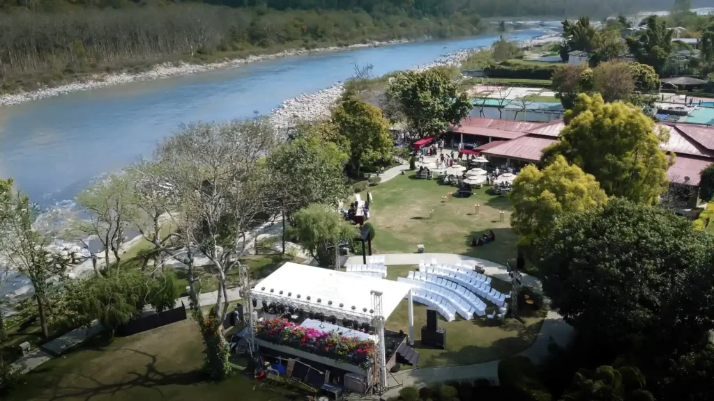Aerial view of the Ragas by the River venue showcasing the riverside setting, performance spaces, and immersive cultural experience documented by Asad Ansari.