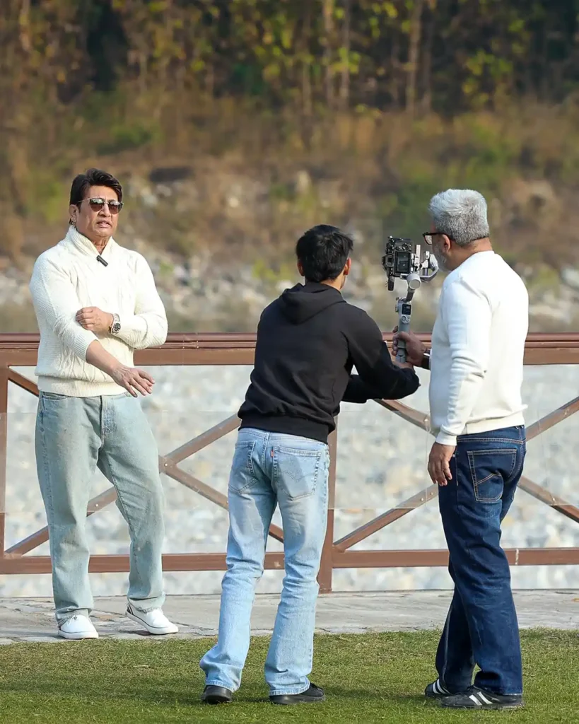 Behind the scenes of the Ragas by the River Season 2026 introduction film production featuring Asad Ansari and the crew during filming with Shekhar Suman.