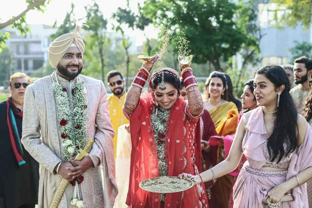 Bride leaving after a Sikh wedding ceremony at Gurudwara Pahari Wala, New Delhi