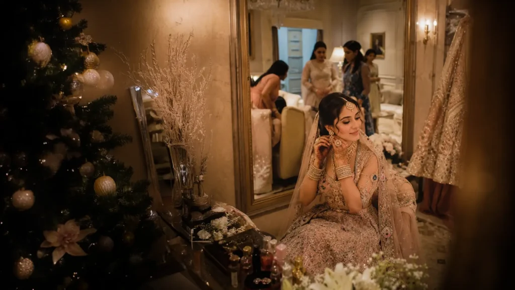 Bride getting ready before her wedding in Aligarh photographed by Photosynthesis wedding photography team.
