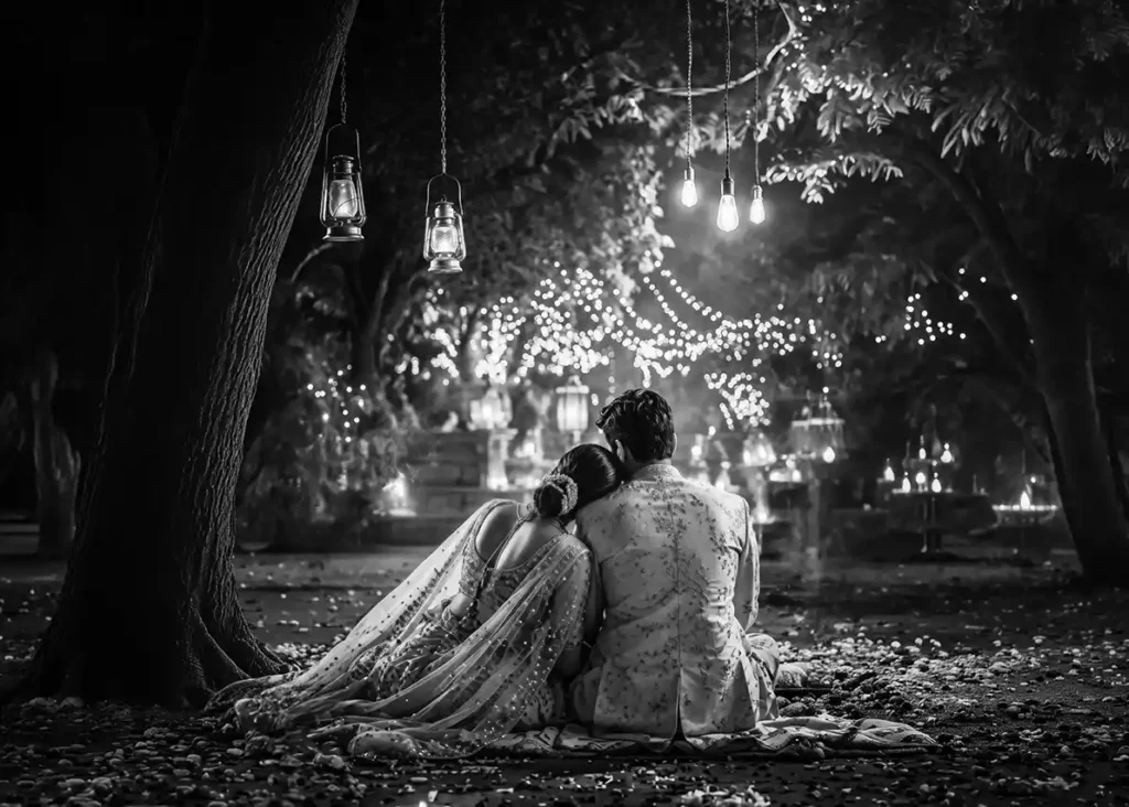 Bride and groom sitting together during a quiet wedding moment captured in a timeless photograph