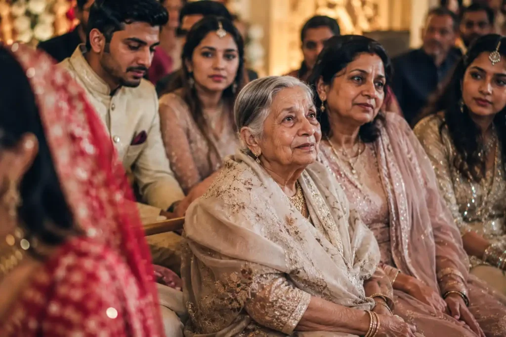Grandmother watching an Indian wedding ceremony during a candid documentary wedding photography moment
