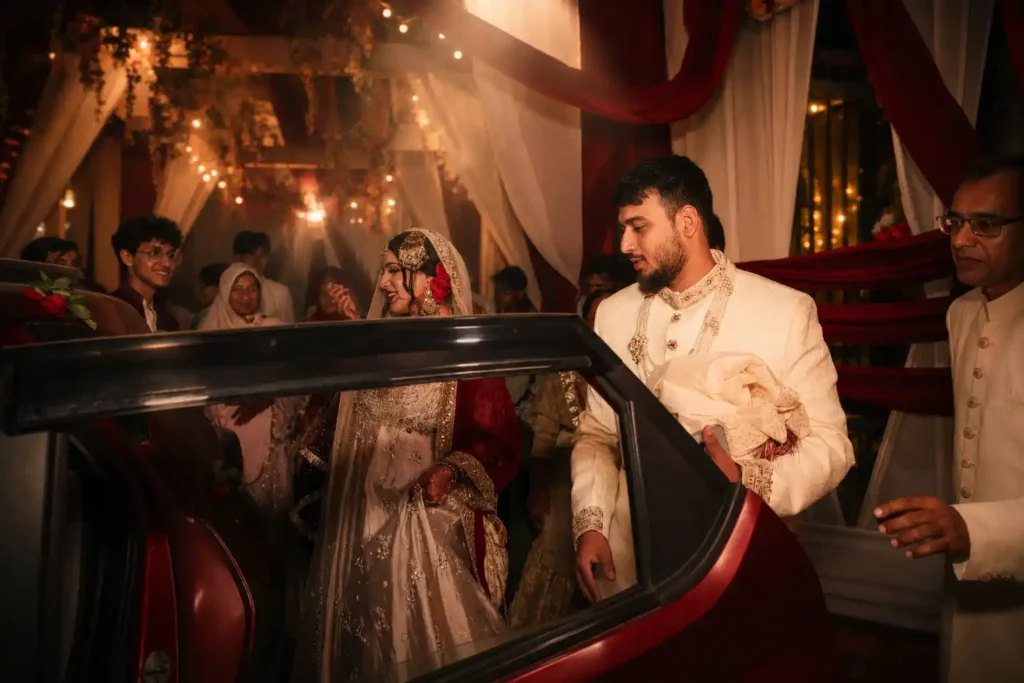 Zobia and Qutub leaving the wedding celebrations together at Fort Royale, Aligarh.