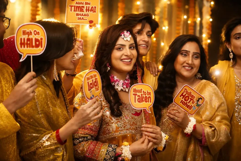 Bride Zobia having fun with family during haldi festivities at Fort Royale, Aligarh.