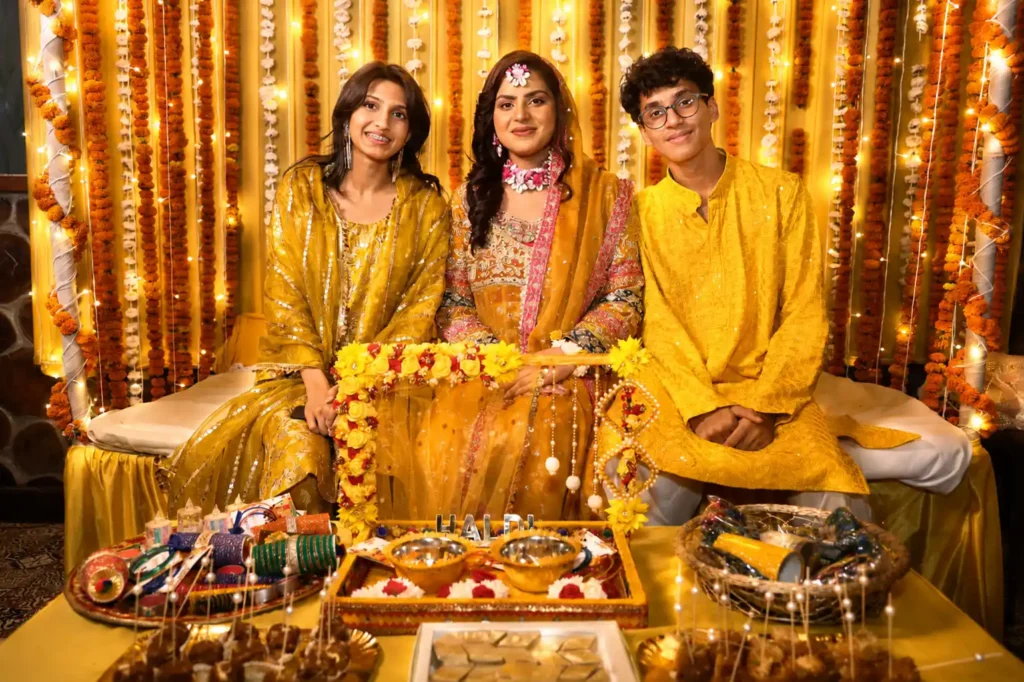 Zobia with her siblings at her haldi ceremony at Fort Royal, Aligarh