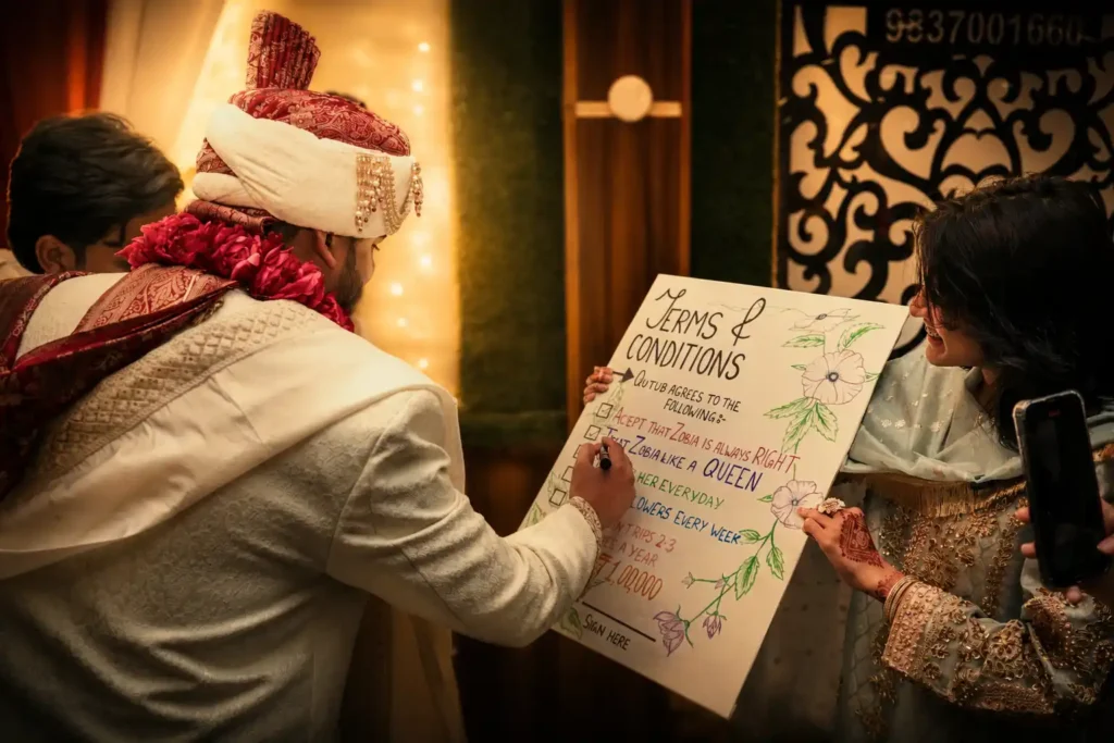Zobia and Qutub writing their wedding promises during the celebrations at Fort Royale, Aligarh.