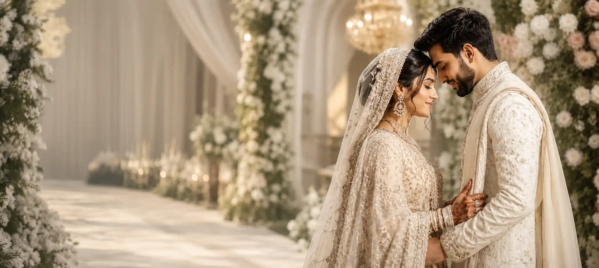 Bride and groom sharing an intimate moment in a cinematic luxury wedding portrait by Photosynthesis Photography Services.