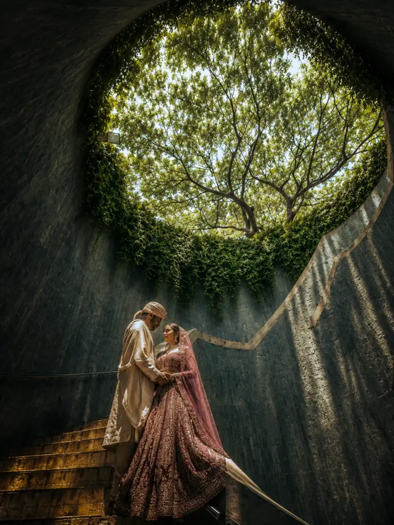 Bride and groom sharing an intimate moment at Tree Tunnel in Singapore documentary-style wedding photograph by Photosynthesis Photography Services.