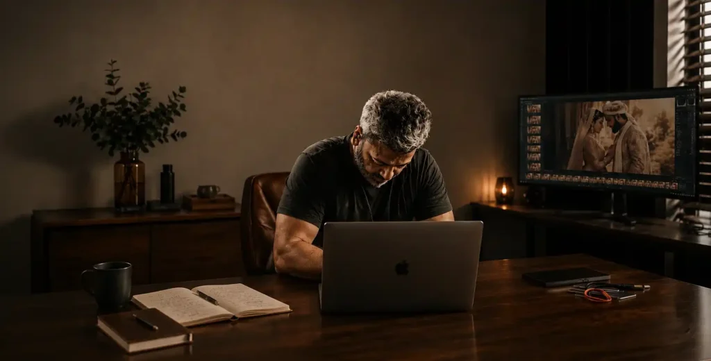 Professional wedding photographer editing images during the process of delivering wedding photos.