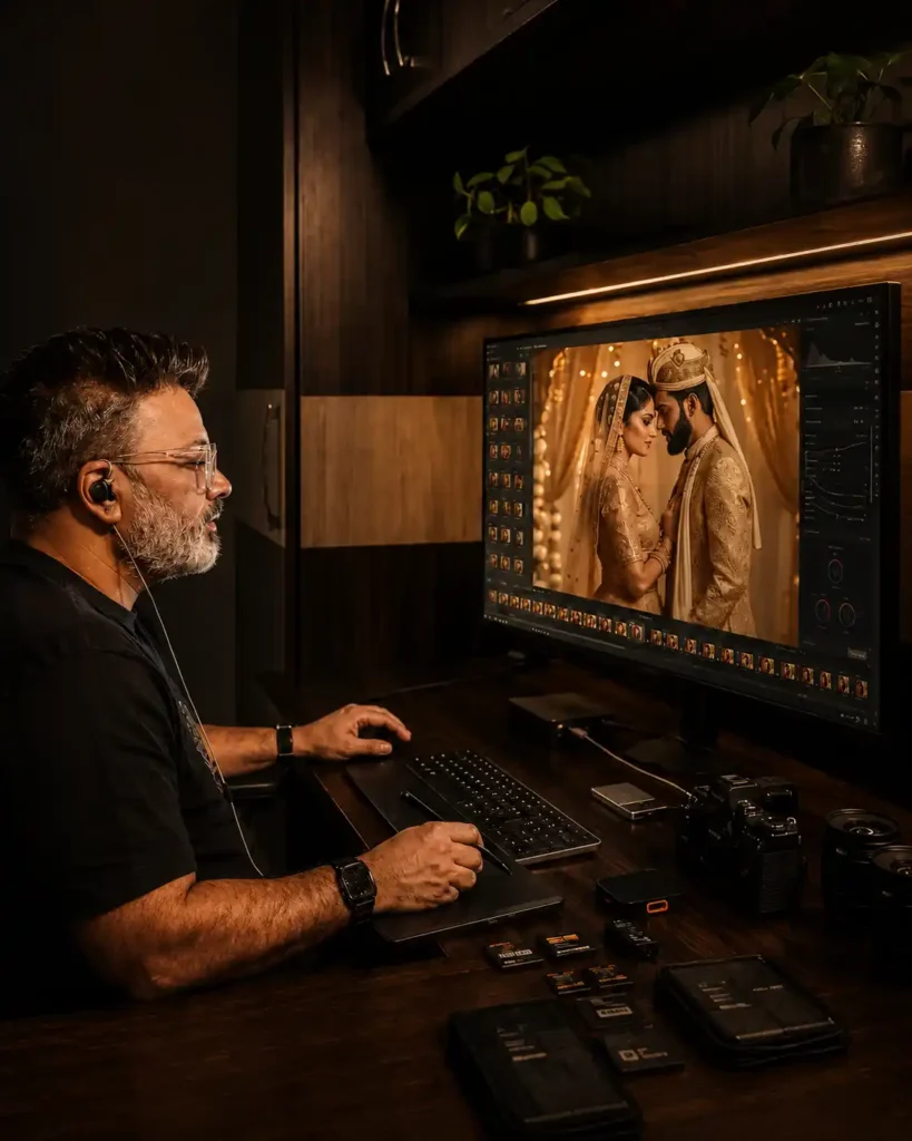 Professional wedding photographer carefully editing and colour grading a wedding gallery during post-production to prepare timeless photographs for final delivery.