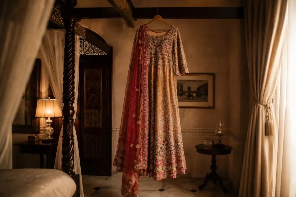Zobia's embroidered bridal lehenga hanging in a softly lit room before the Nikah ceremony at Fort Royale, Aligarh.